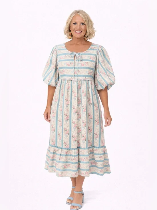 Entro Cottage Core Midi Dress with Light Blue and Pink Floral Stripes Size M NWT - Picture 1 of 6